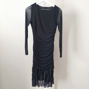 NWT Zattcas Women Black Mesh Ruched Bodycon Dress Sheer Long Sleeve Ruffle Hem M